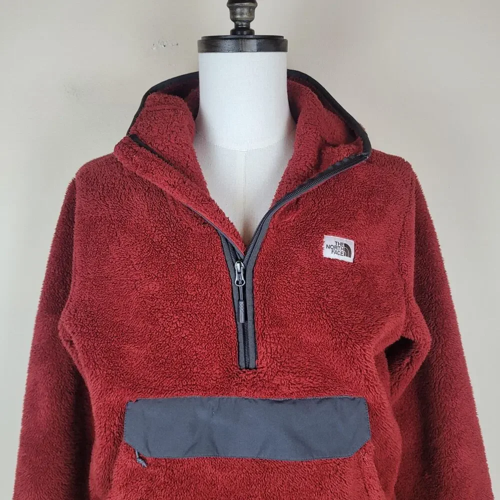 The North Face Jacket‎ Medium Red Fleece Hooded Quarter Zip Anorak Campshire